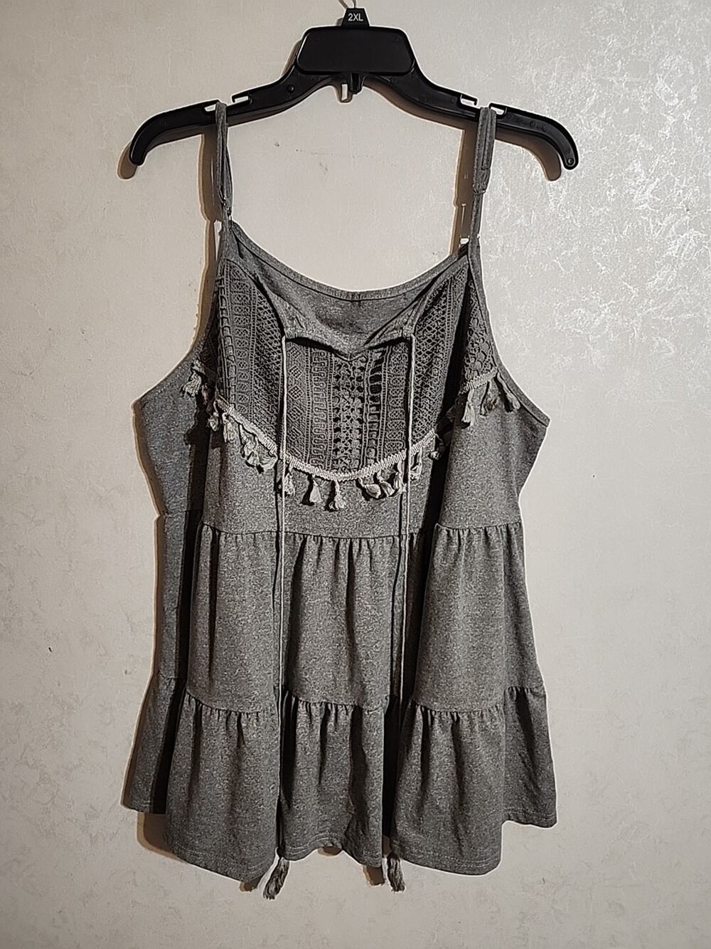 Shein Curve Cami Baby Doll Tiered Gray Tassels V-Neck Crochet Adjustable Straps
